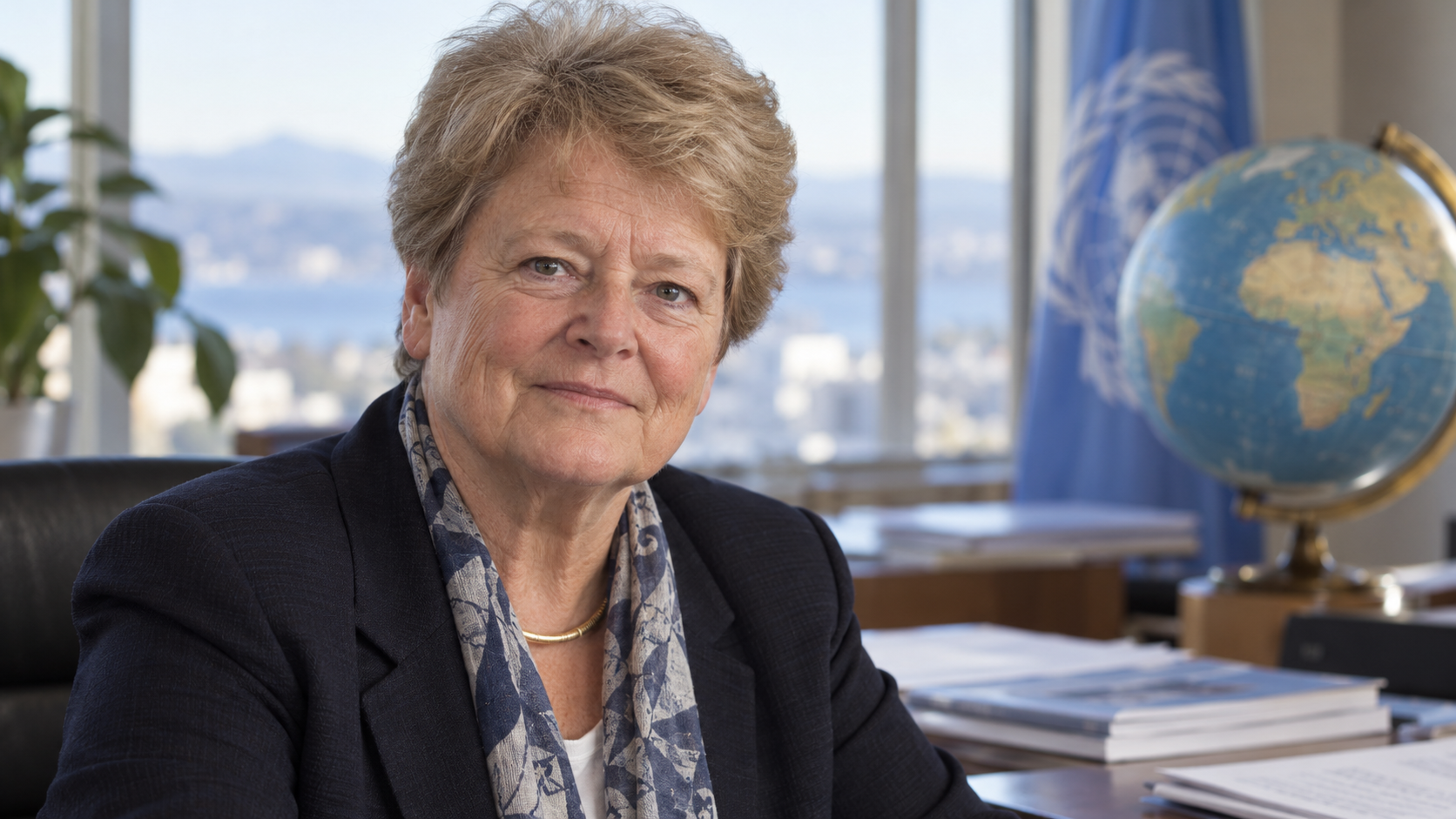 Gro Harlem Brundtland in an international health assembly office with a globe and policy papers