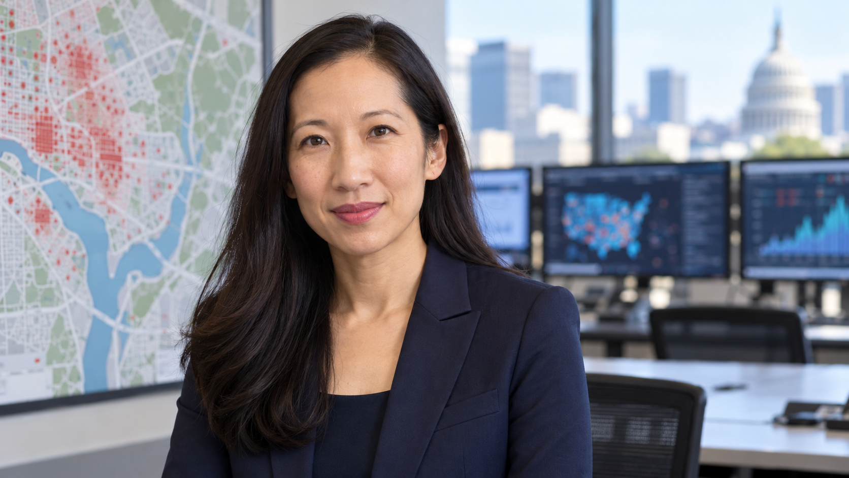 Leana Wen in a city public-health operations room with an urban map and softly blurred monitors