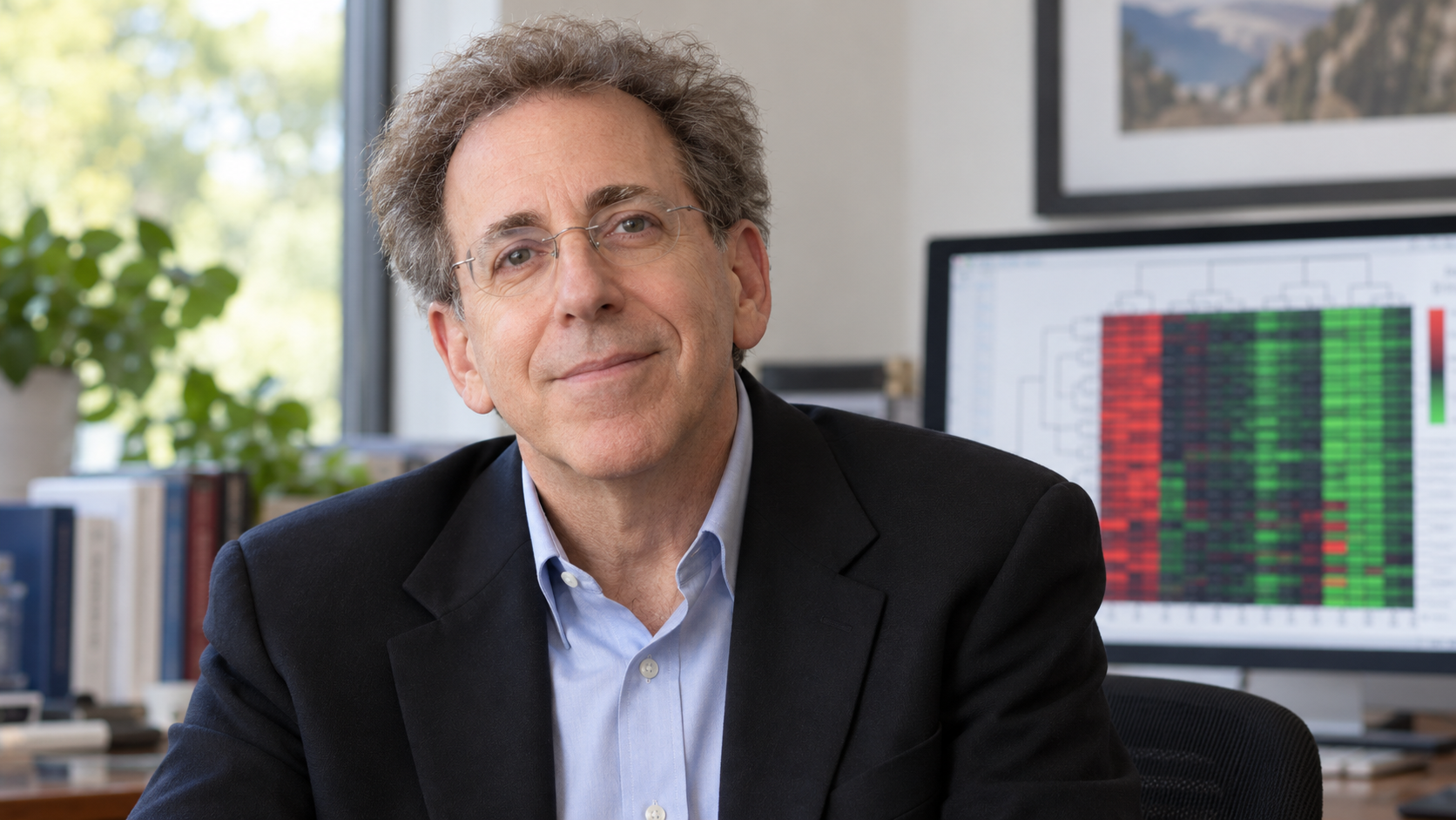 Dean Ornish in a medical research office with a softly blurred gene-expression chart and natural light