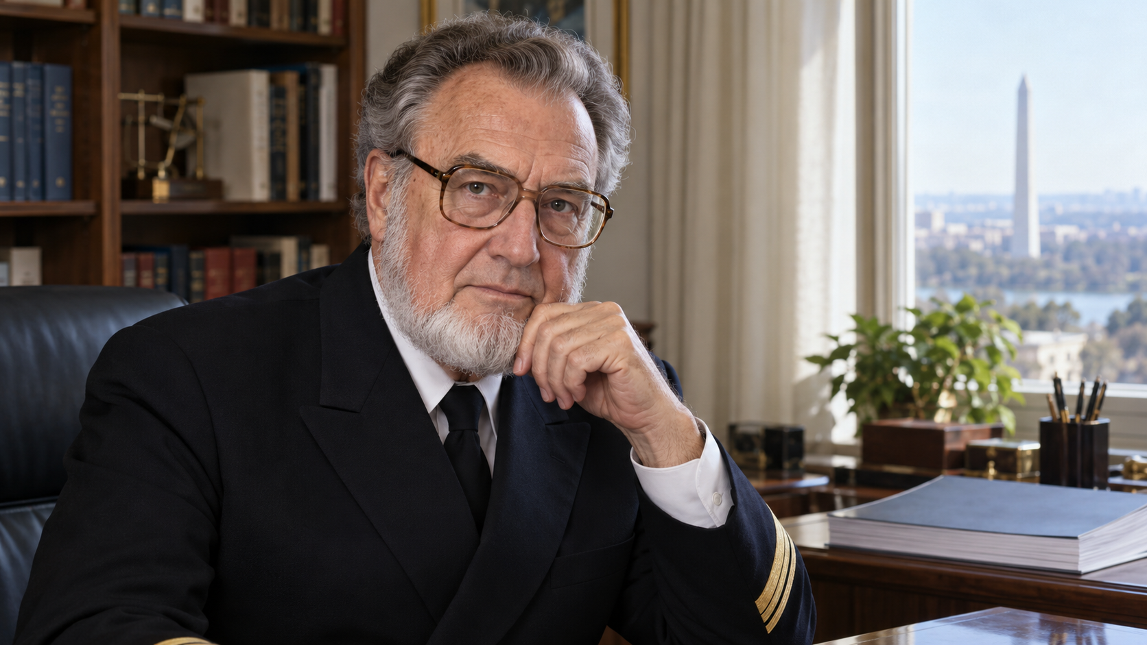 C. Everett Koop in a 1980s Surgeon General's office with an official health report and no visible insignia