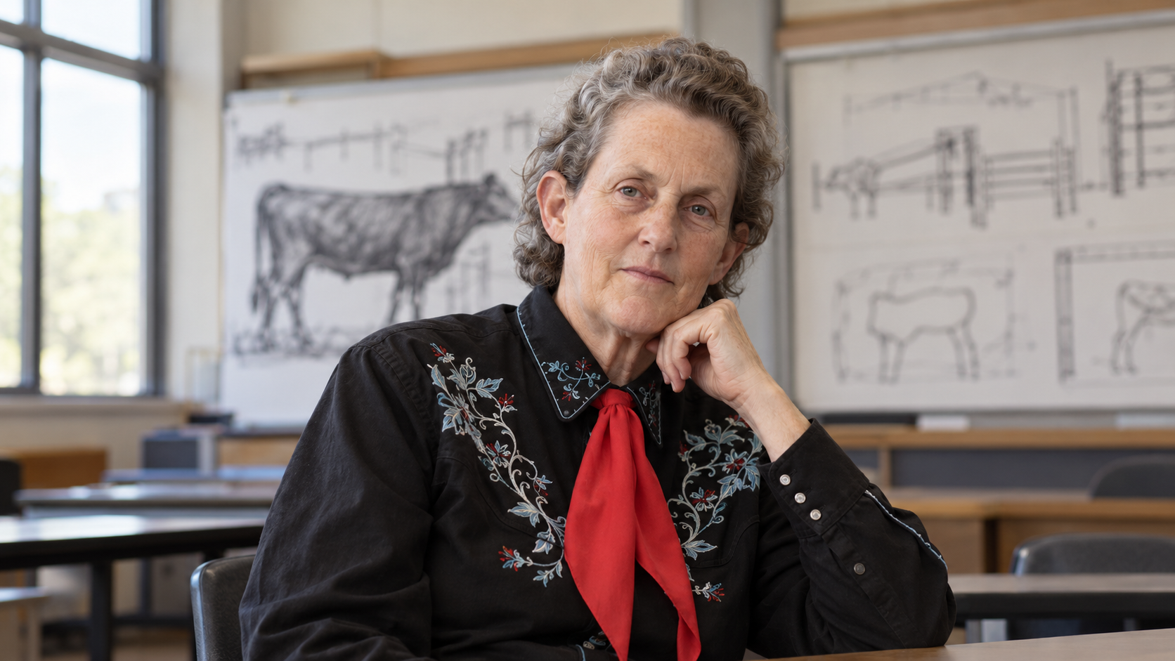 Temple Grandin in a university lecture room with livestock-design sketches softly out of focus
