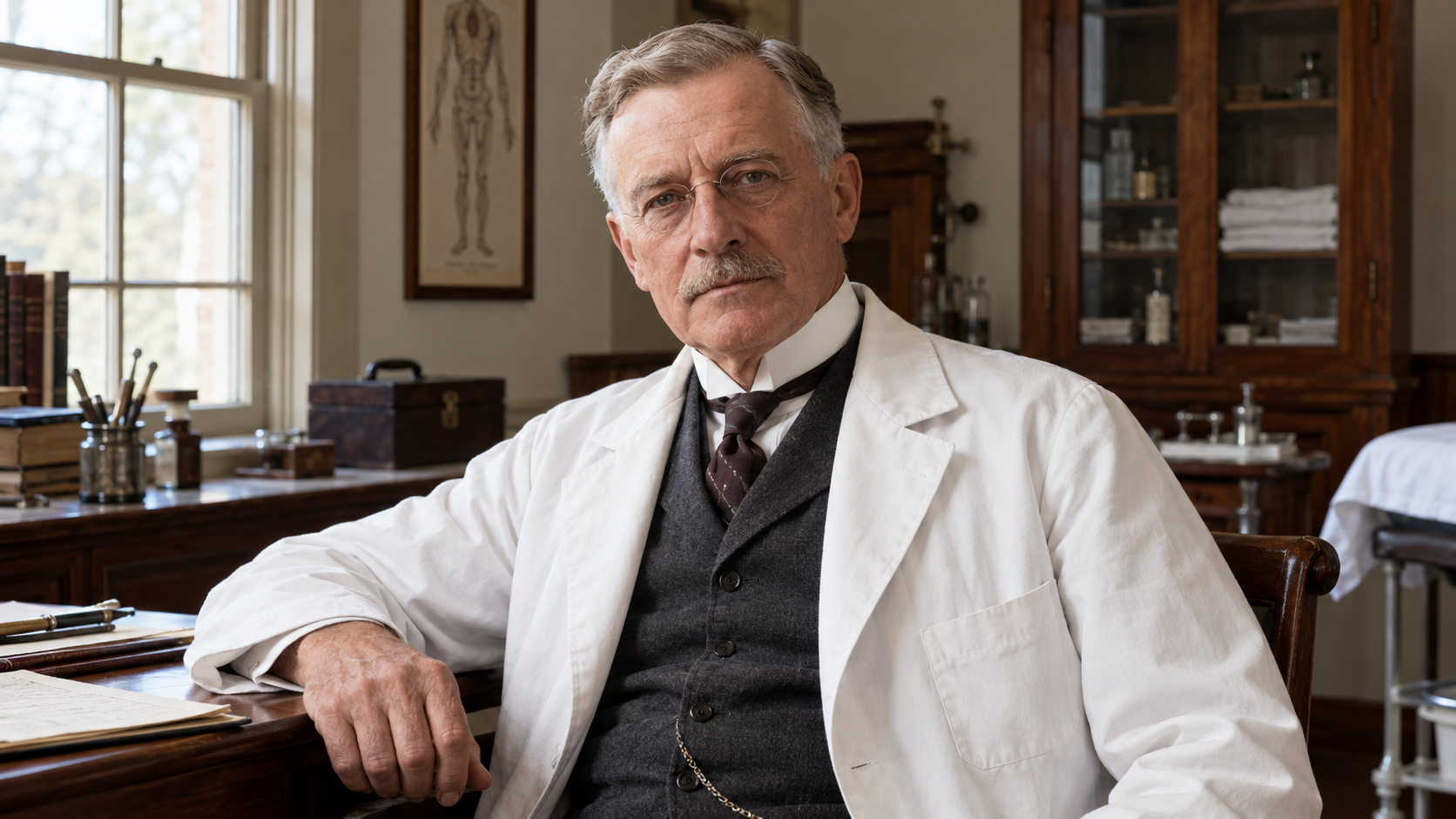 William J. Mayo in an early twentieth-century consultation room with plain medical notes and soft daylight
