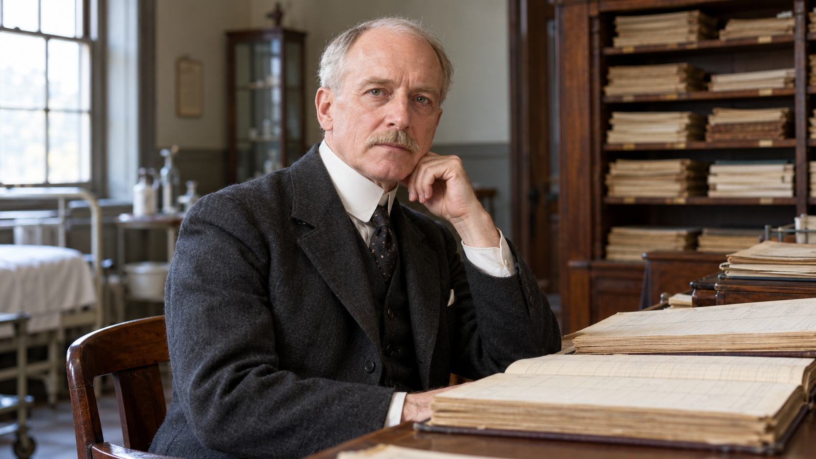 Ernest Amory Codman in a 1910s hospital records office with outcome ledgers and no readable text