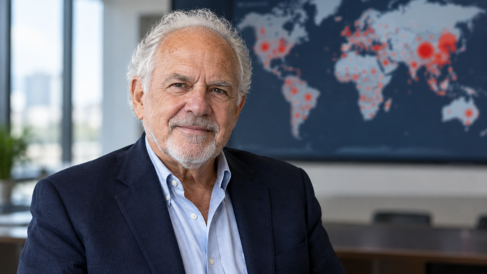Larry Brilliant in a contemporary public-health briefing room with an abstract epidemic map blurred behind him