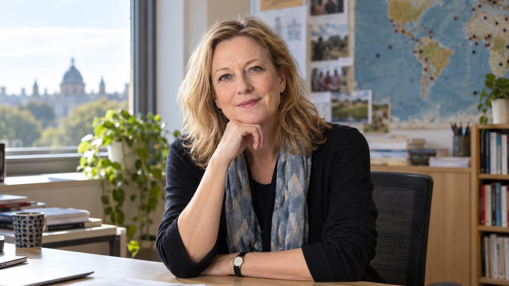 Heidi Larson in a university public-health office with community listening notes and soft window light