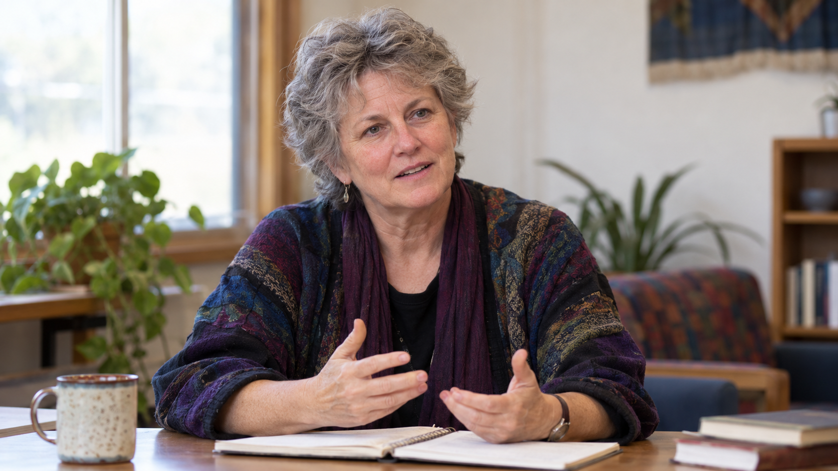Patricia E. Deegan in a peer-support workshop with an open notebook and calm, everyday surroundings