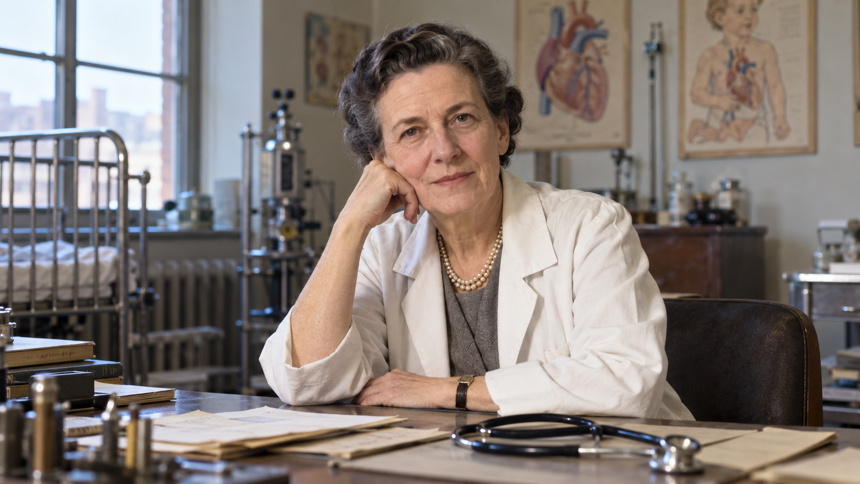 Helen Brooke Taussig in a mid-century pediatric cardiology clinic with a stethoscope resting on a desk