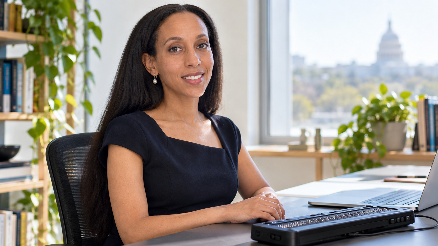 Haben Girma in an accessible technology workspace with a refreshable braille display nearby