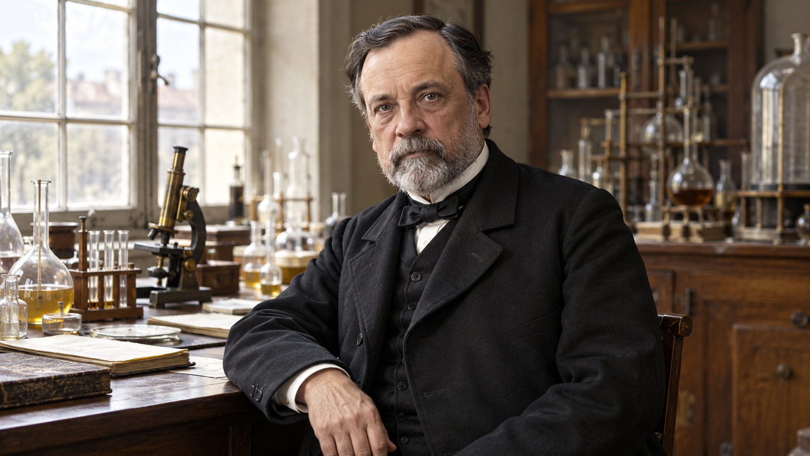 Louis Pasteur in a nineteenth-century laboratory with glassware, notebooks, and natural northern light
