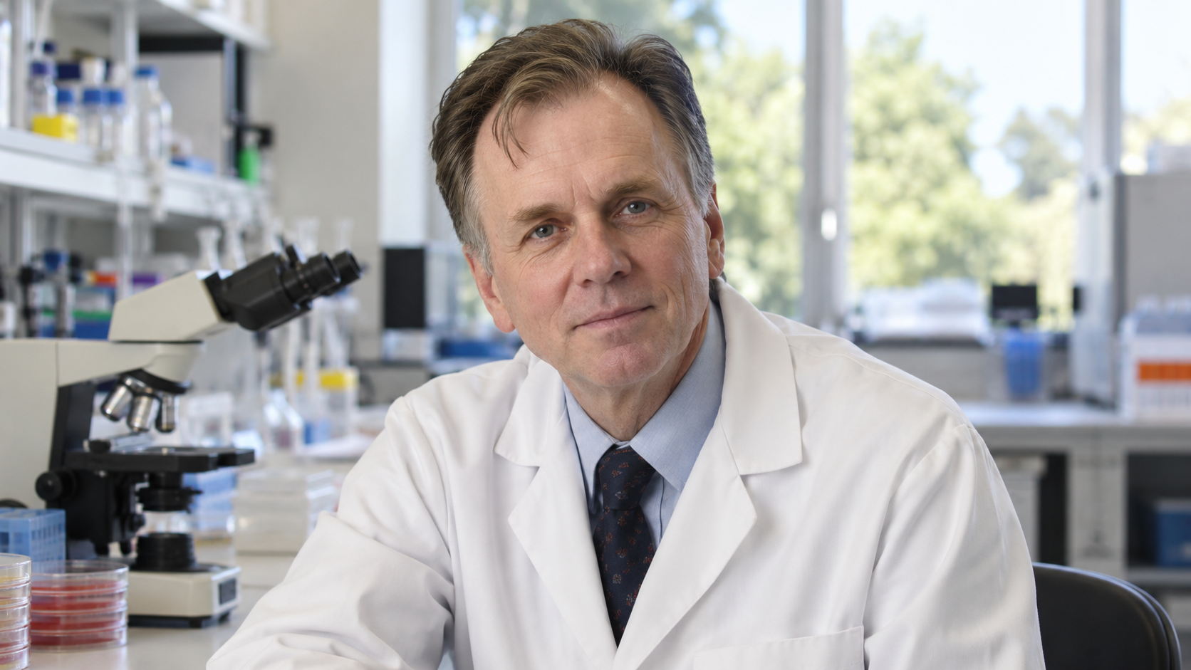 Barry J. Marshall in a modern microbiology laboratory with a culture dish and microscope in soft focus