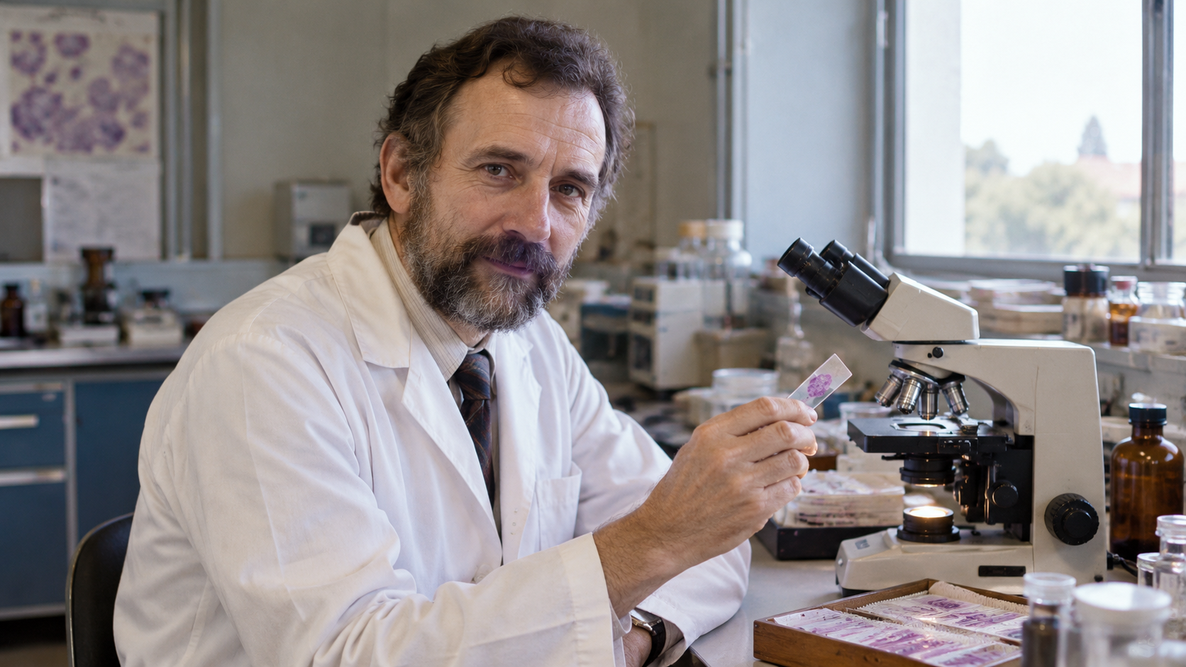J. Robin Warren in a late-1970s pathology laboratory with a microscope and stained slide in the foreground