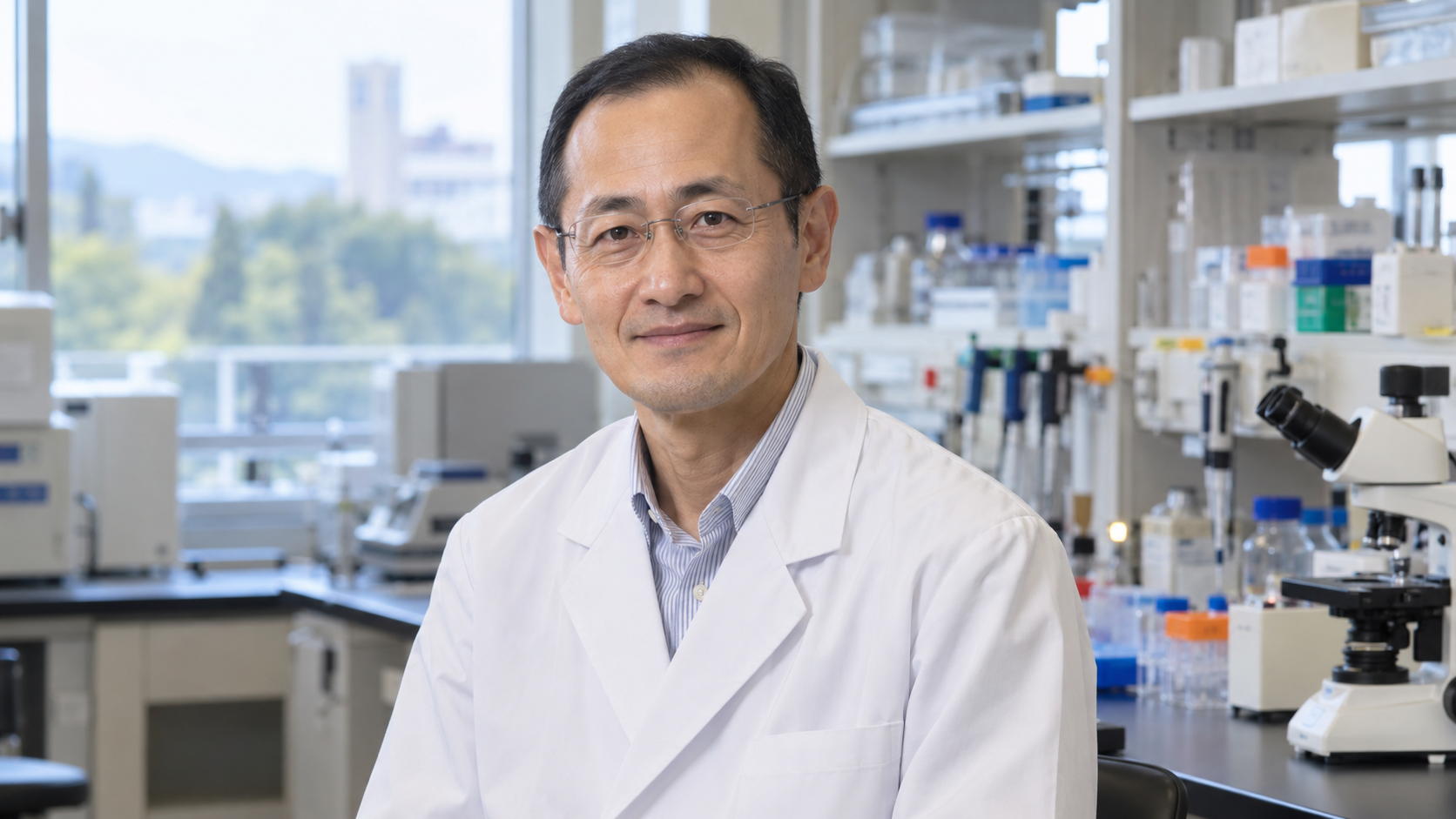 Shinya Yamanaka in a stem-cell research laboratory with neutral equipment and clean natural light