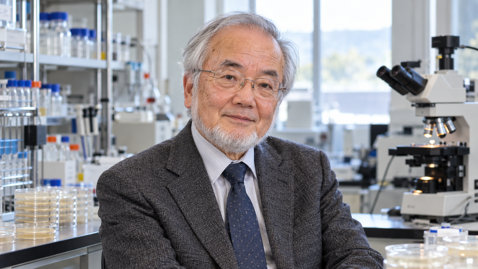 Yoshinori Ohsumi in a cell-biology laboratory with yeast cultures and a softly lit microscope station