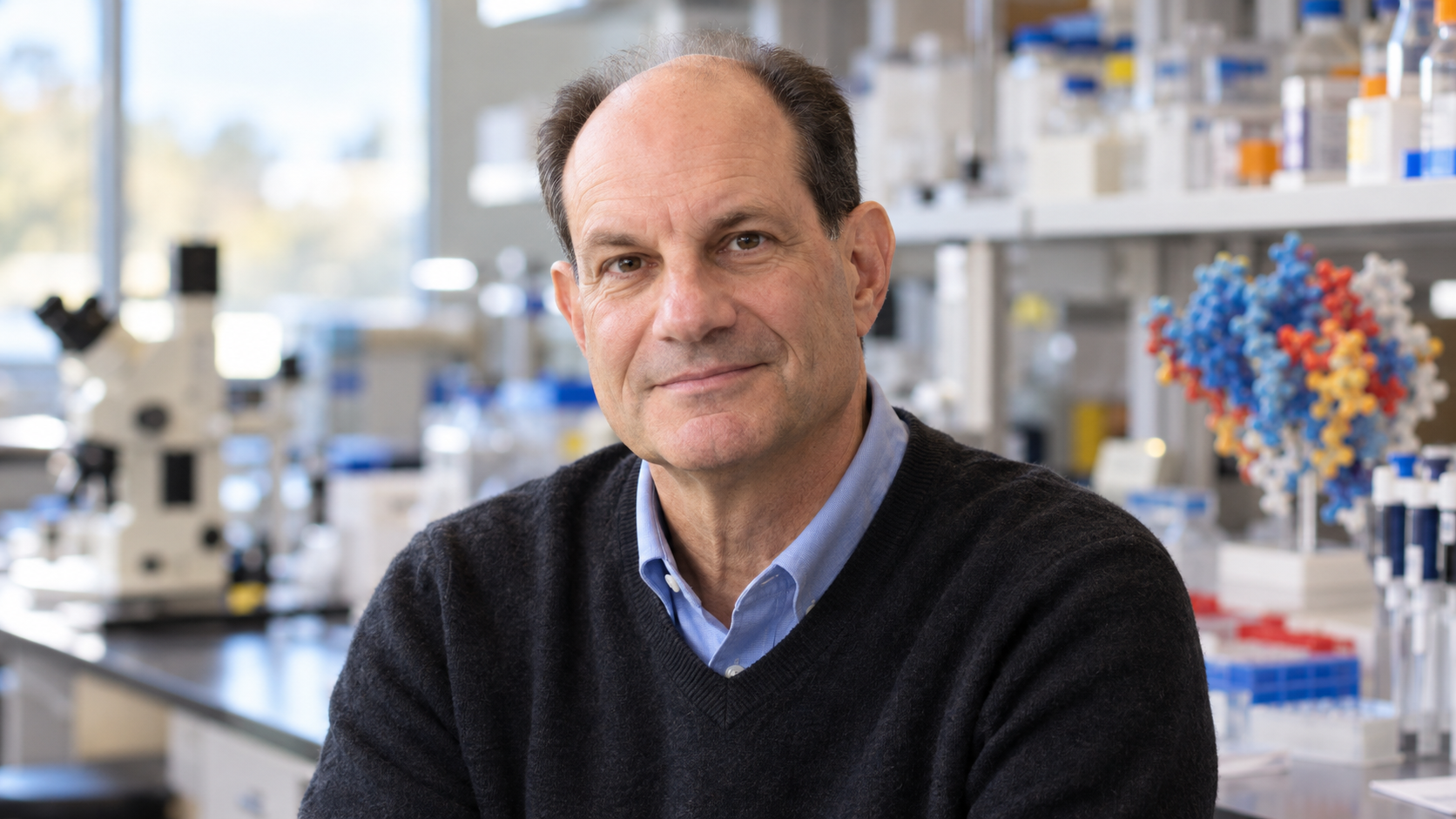 David Julius in a sensory-neuroscience laboratory with a molecular model softly blurred behind him