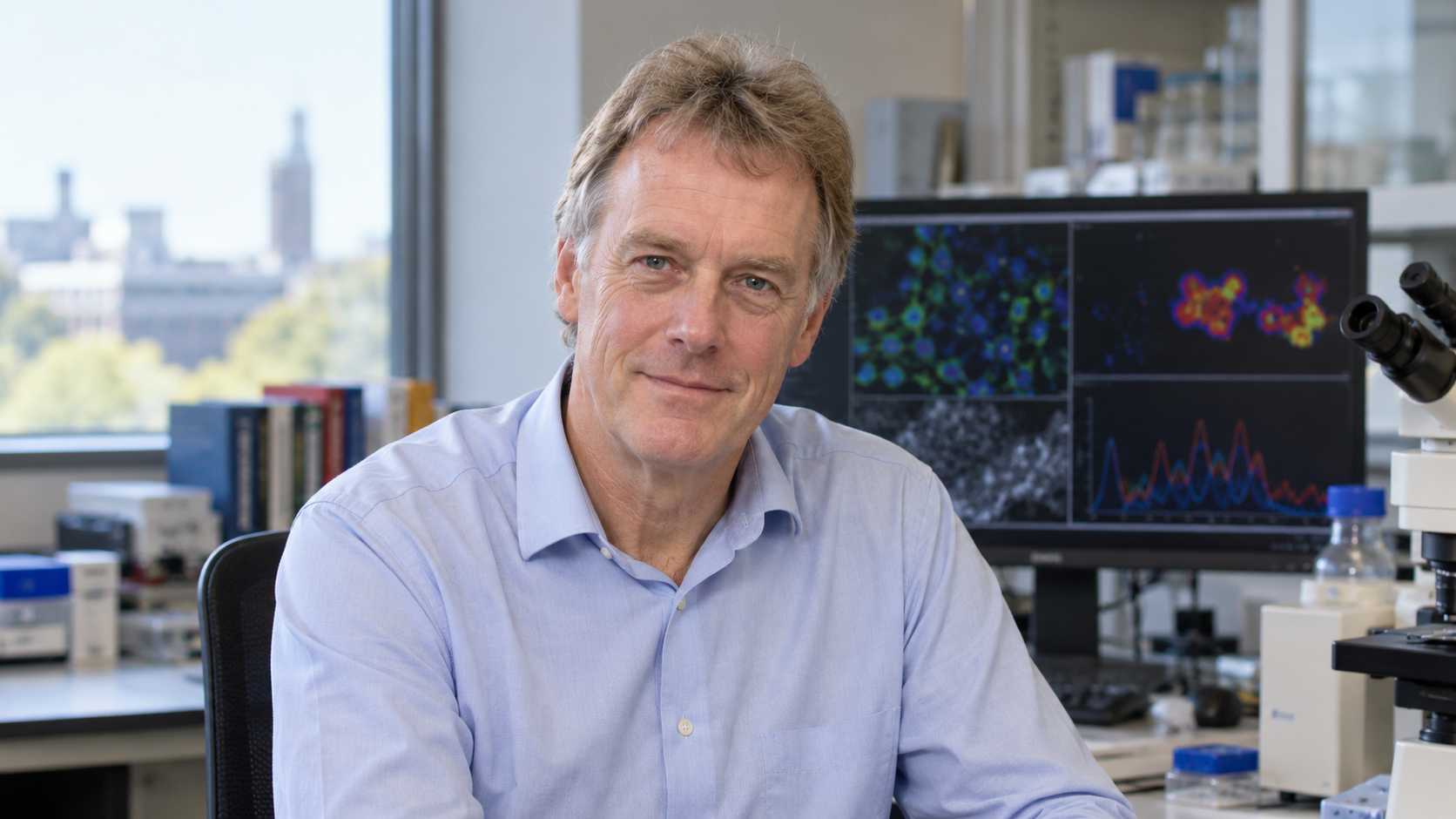Peter J. Ratcliffe in a physiology research office with oxygen-sensing data displayed without readable labels
