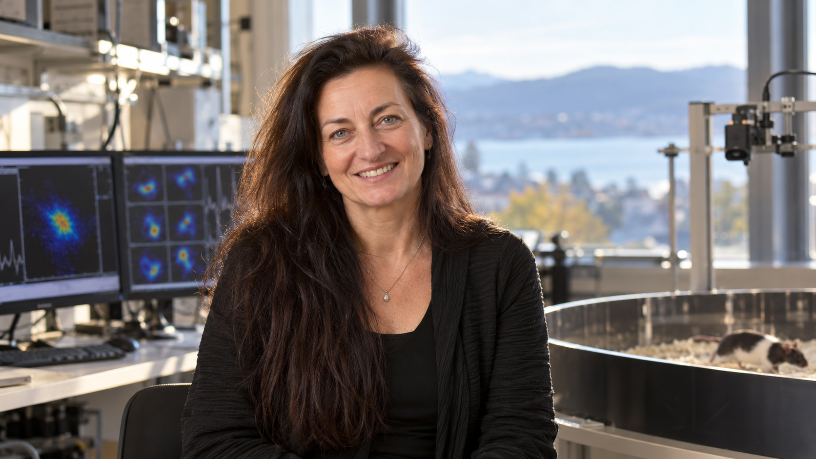 May-Britt Moser in a neuroscience laboratory with spatial-navigation equipment and warm daylight