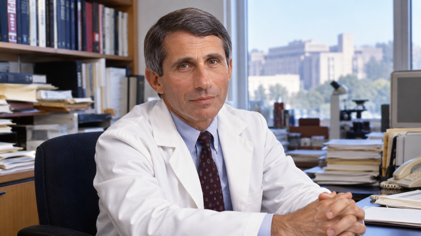 Anthony S. Fauci in an NIH clinical research office with neutral files and soft daylight