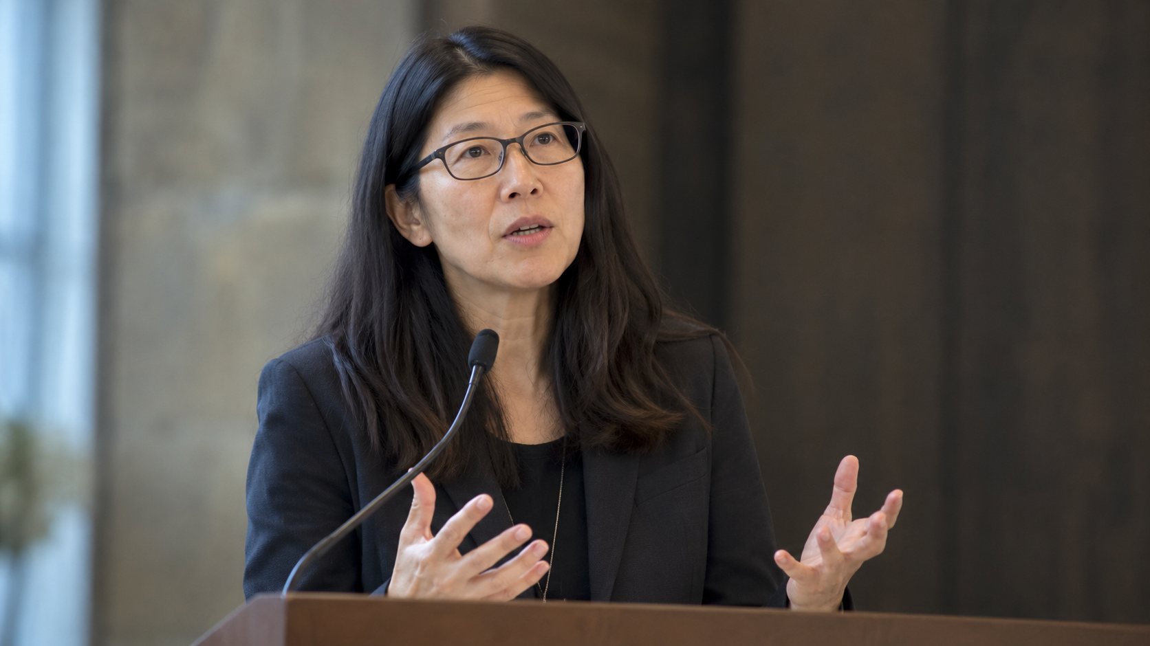Joanne Liu in a humanitarian medical briefing with a plain lectern and subdued background