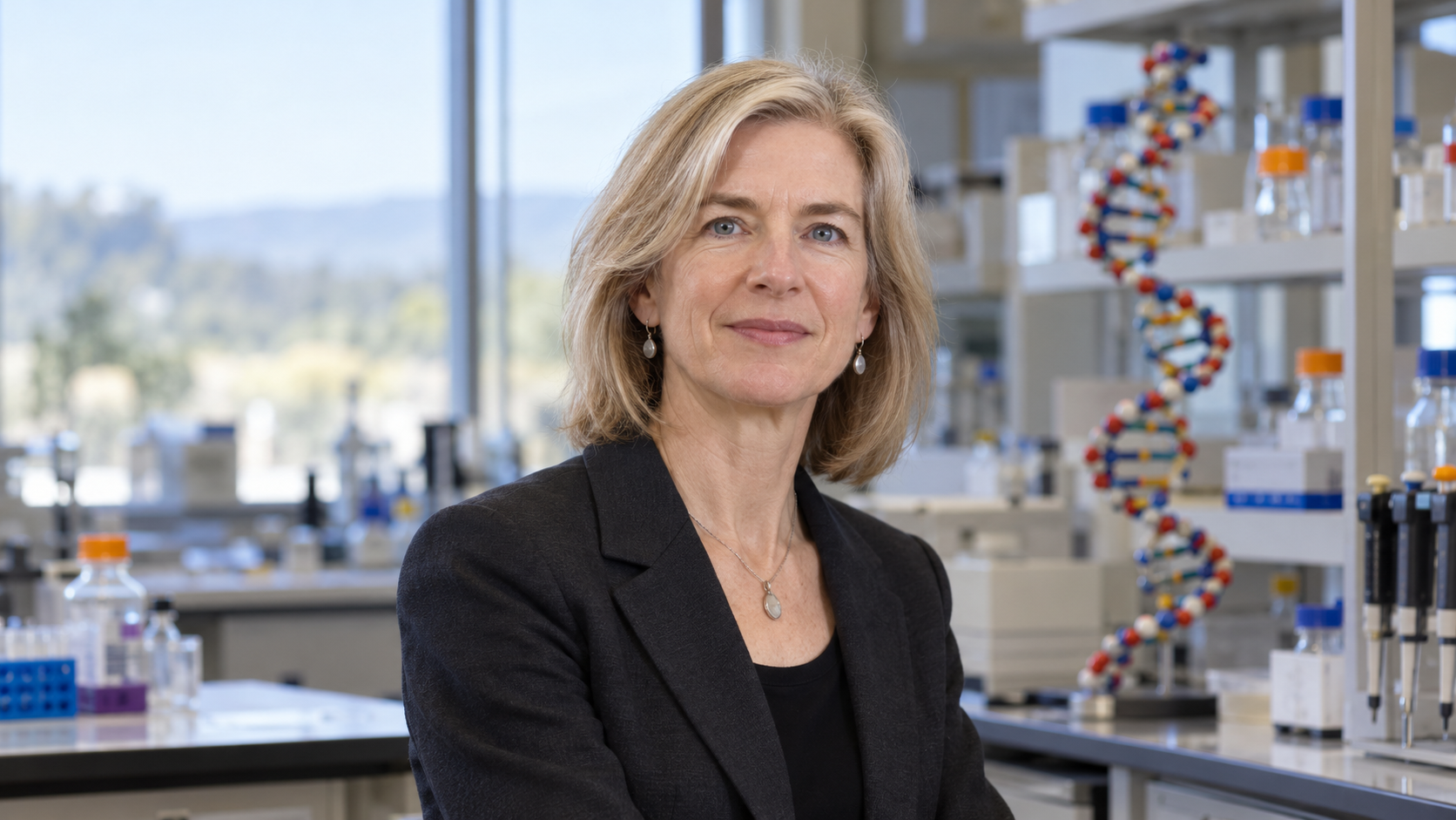 Jennifer Doudna in a genome-editing laboratory with a DNA model softly out of focus
