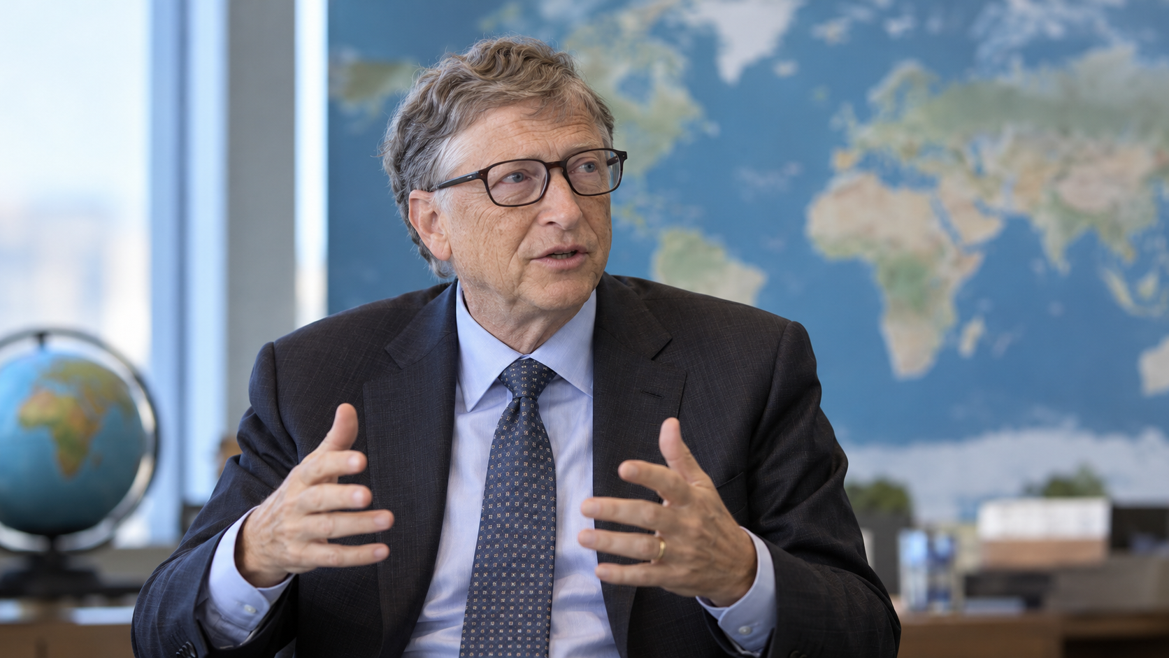 Bill Gates in a global health preparedness briefing with an abstract world map and no readable text