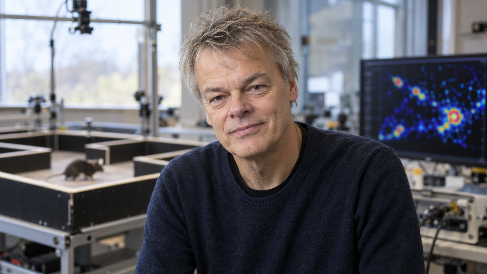 Edvard Moser in a systems-neuroscience laboratory with a maze and neural activity plot blurred behind him