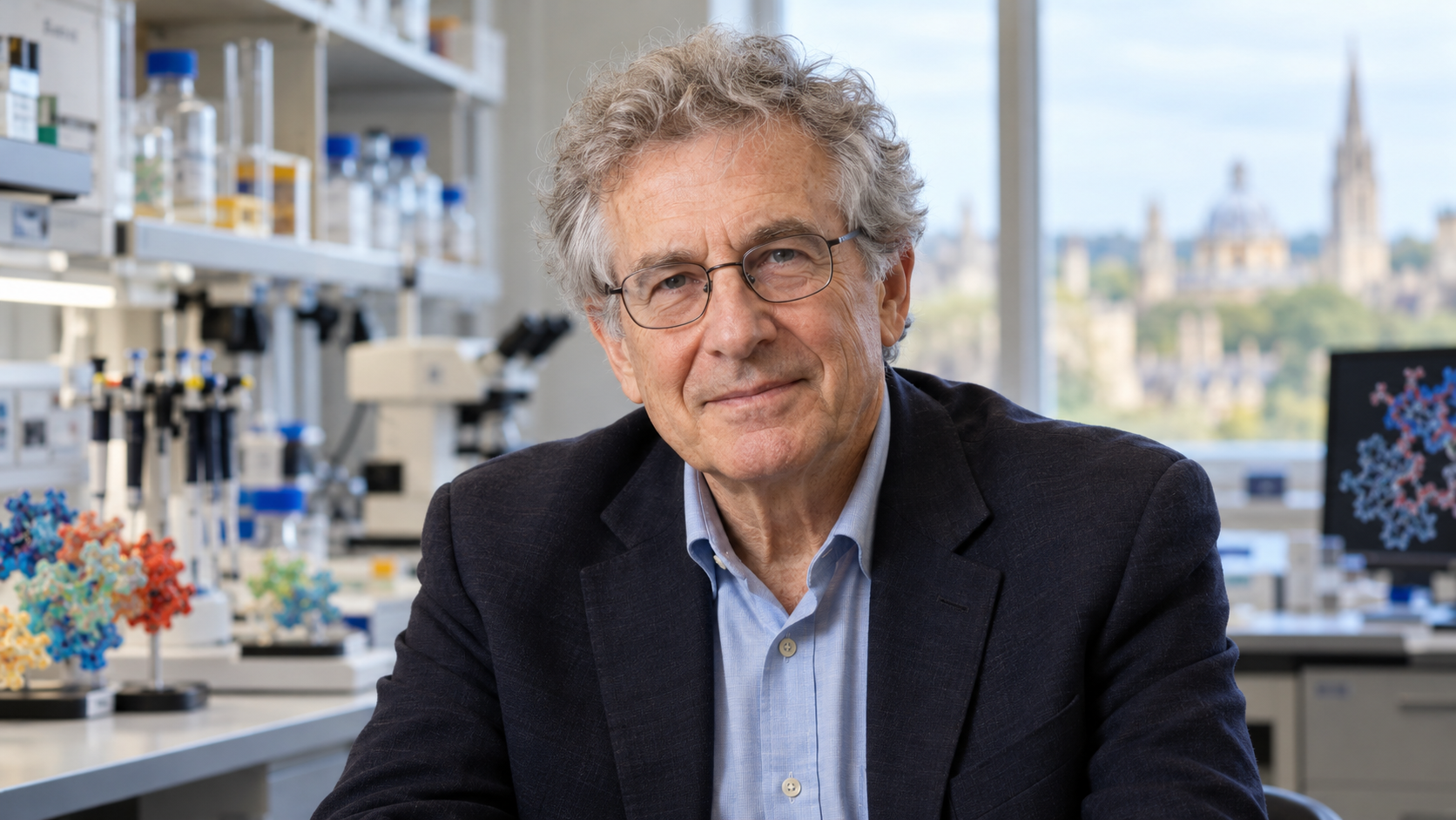 Samuel Cohen in a molecular-neuroscience laboratory with protein models softly blurred