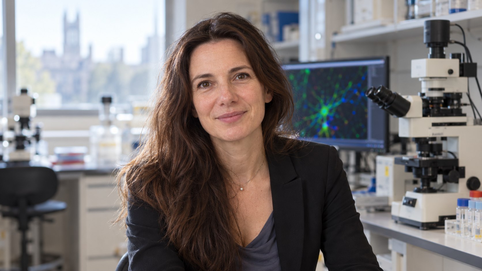 Sandrine Thuret in a university neuroscience laboratory with microscopy equipment in soft focus