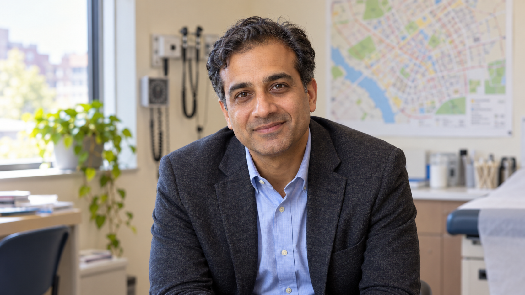 Rishi Manchanda in a community-clinic consultation room with a neighborhood map blurred behind him