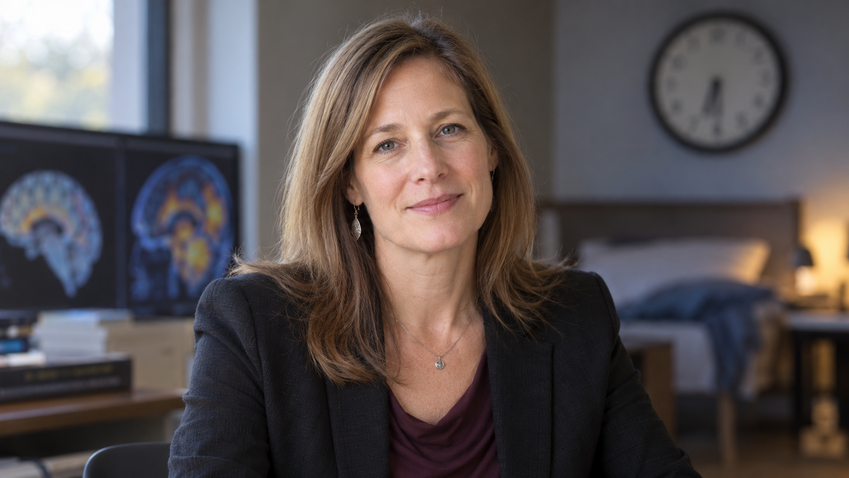 Wendy Troxel in a sleep-research briefing with a dim classroom clock blurred in the background