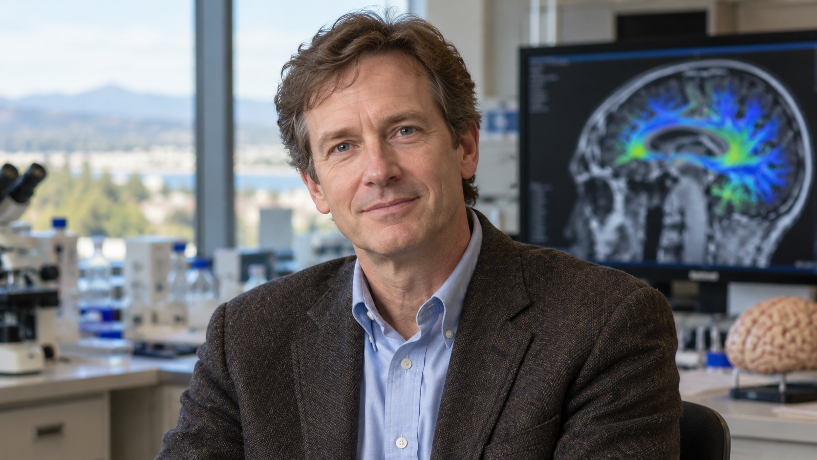Jeff Iliff in a neuroscience imaging laboratory with a brain scan softly out of focus