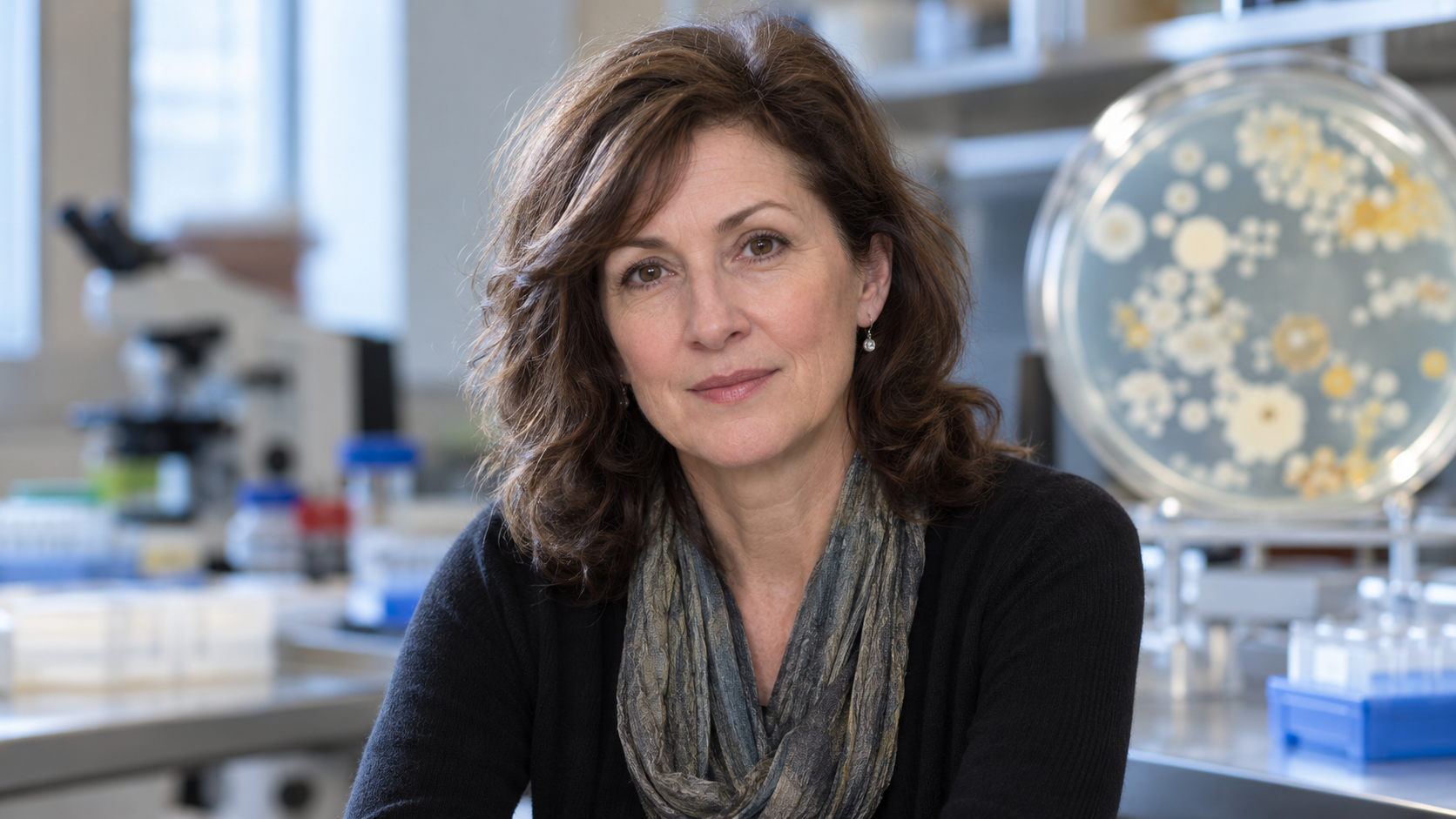 Maryn McKenna in a health-journalism stage with a laboratory culture dish softly blurred