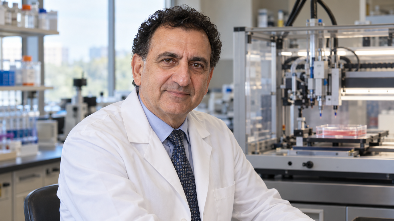 Anthony Atala in a regenerative-medicine laboratory with a bioprinter softly out of focus