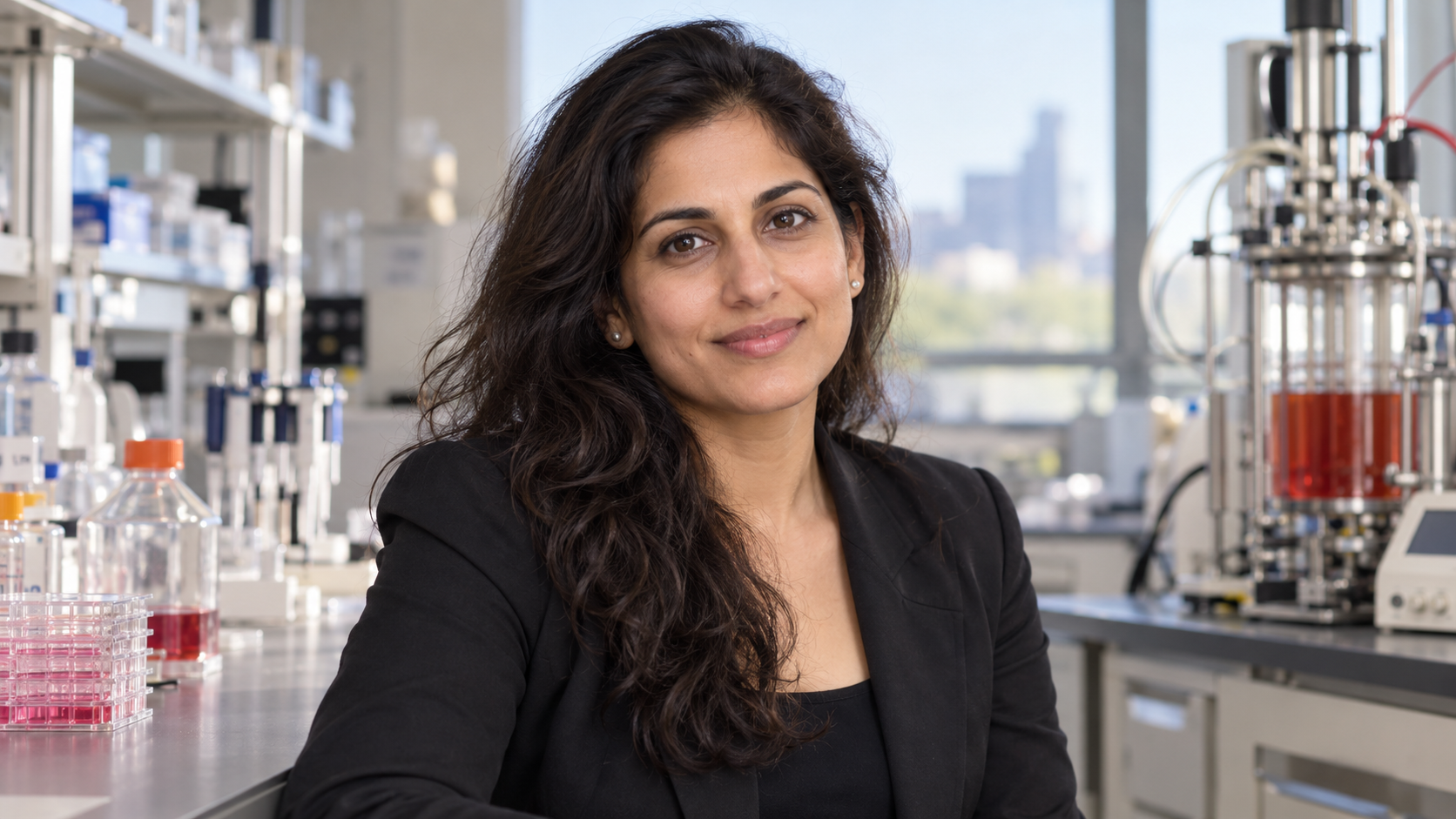 Nina Tandon in a tissue-engineering laboratory with a bioreactor and cell culture softly blurred