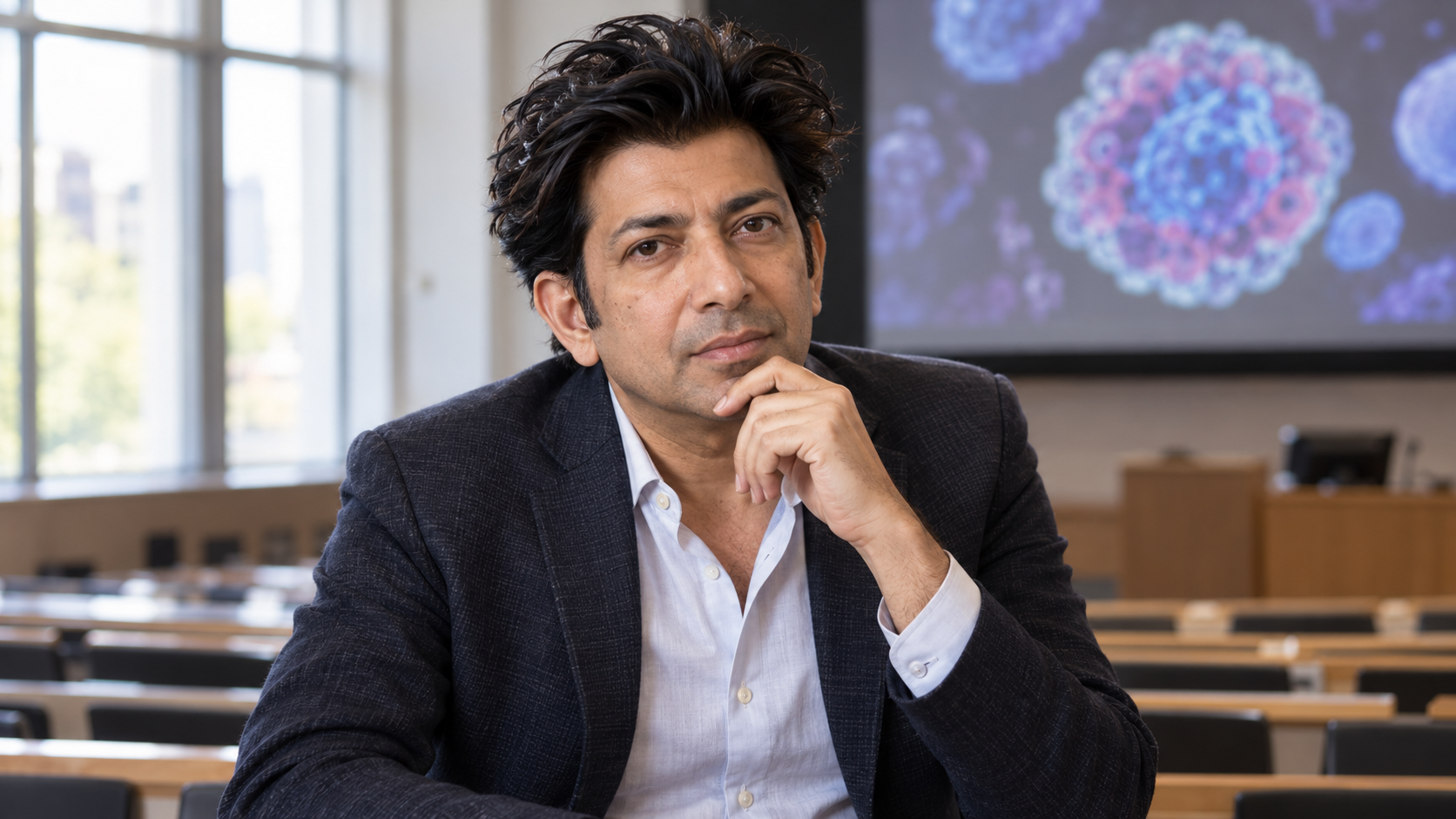 Siddhartha Mukherjee in a medical-research lecture hall with cell images softly blurred