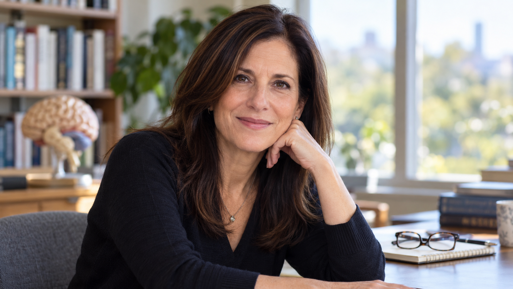 Lisa Genova in a neuroscience interview set with a notebook and reading glasses softly out of focus