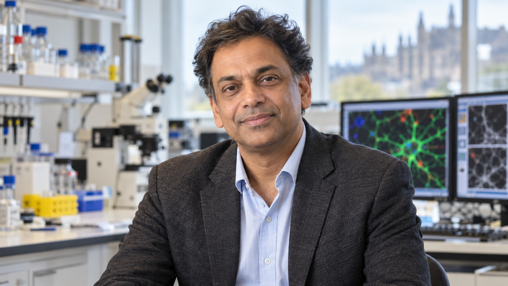 Siddharthan Chandran in a regenerative-neurology laboratory with neural images softly blurred