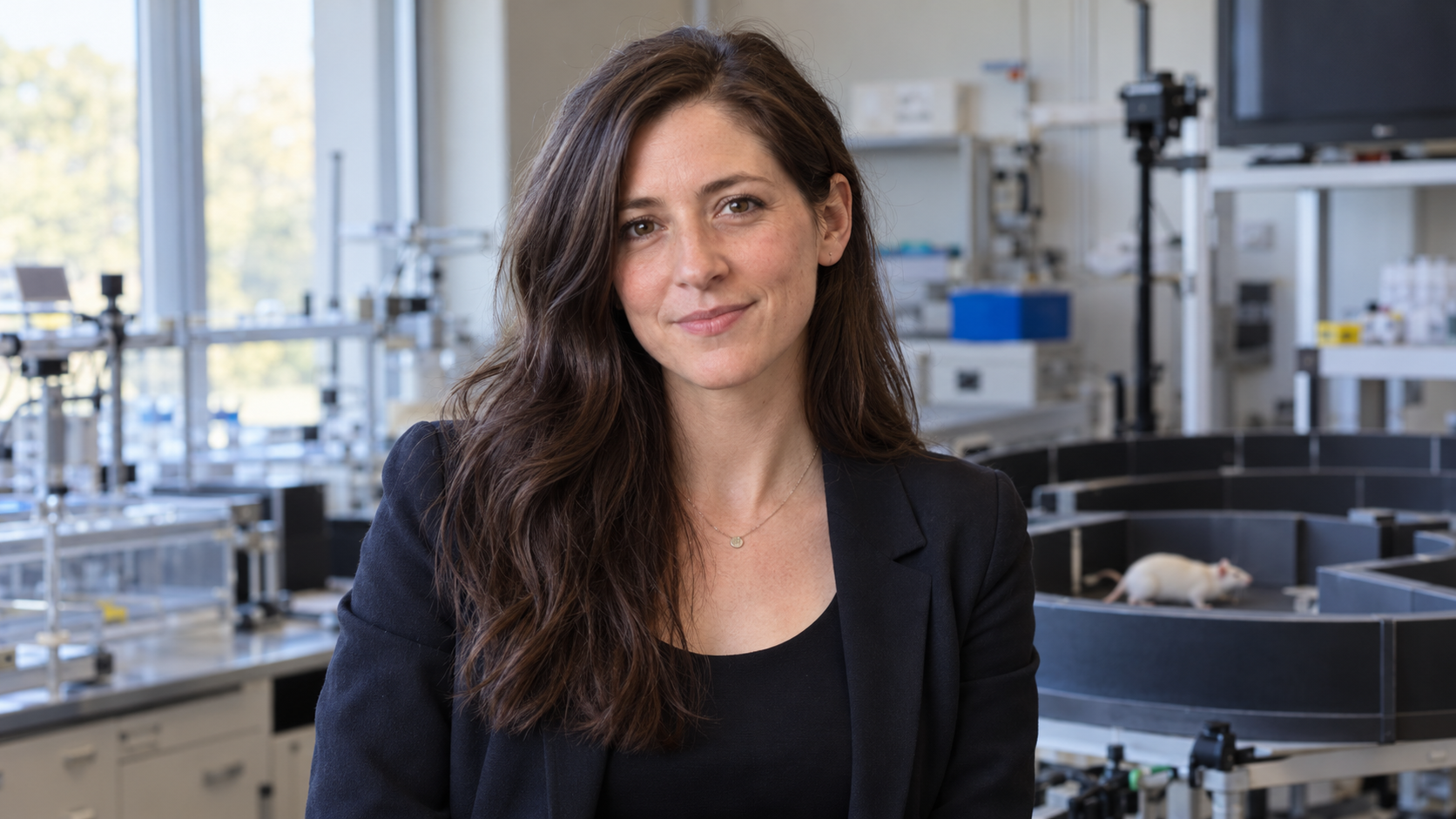 Beck Brachman in a behavioral-neuroscience laboratory with maze equipment softly out of focus