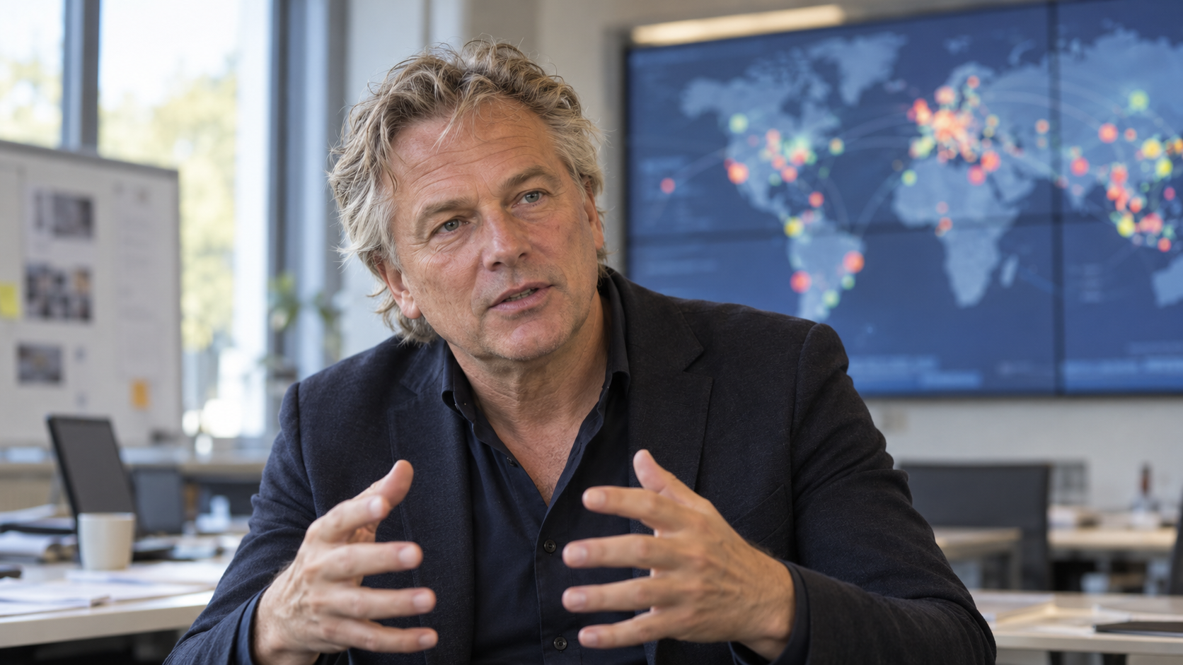 Lucien Engelen in a digital-health workshop with an emergency map softly blurred