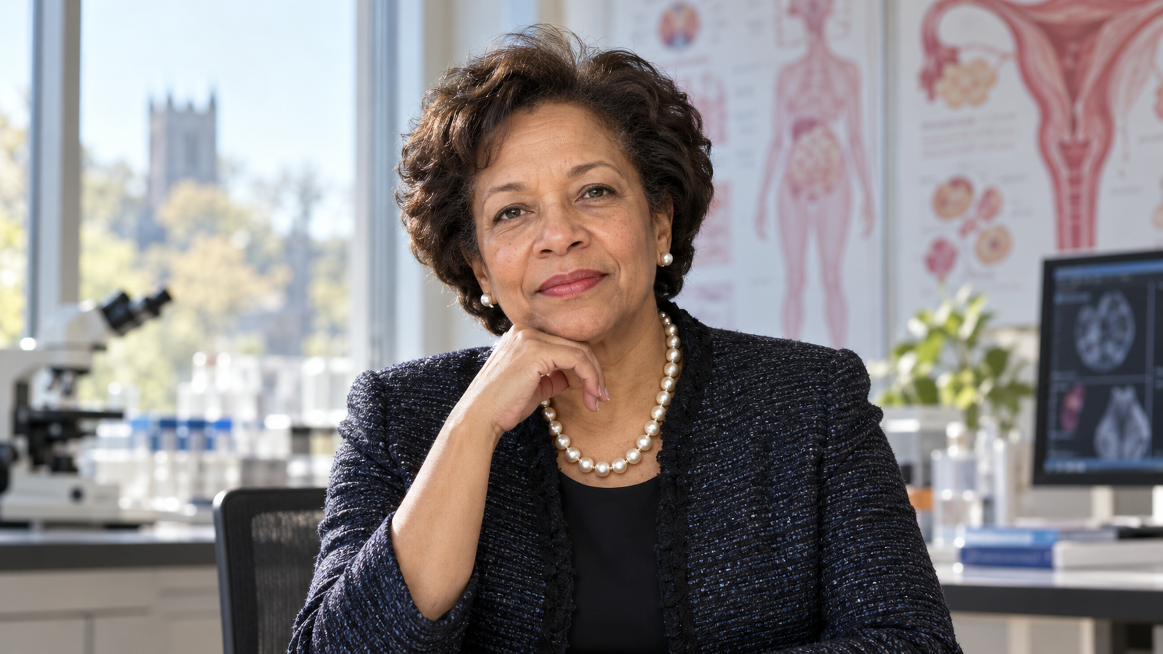 Paula Johnson in a women’s-health research forum with clinical charts softly blurred