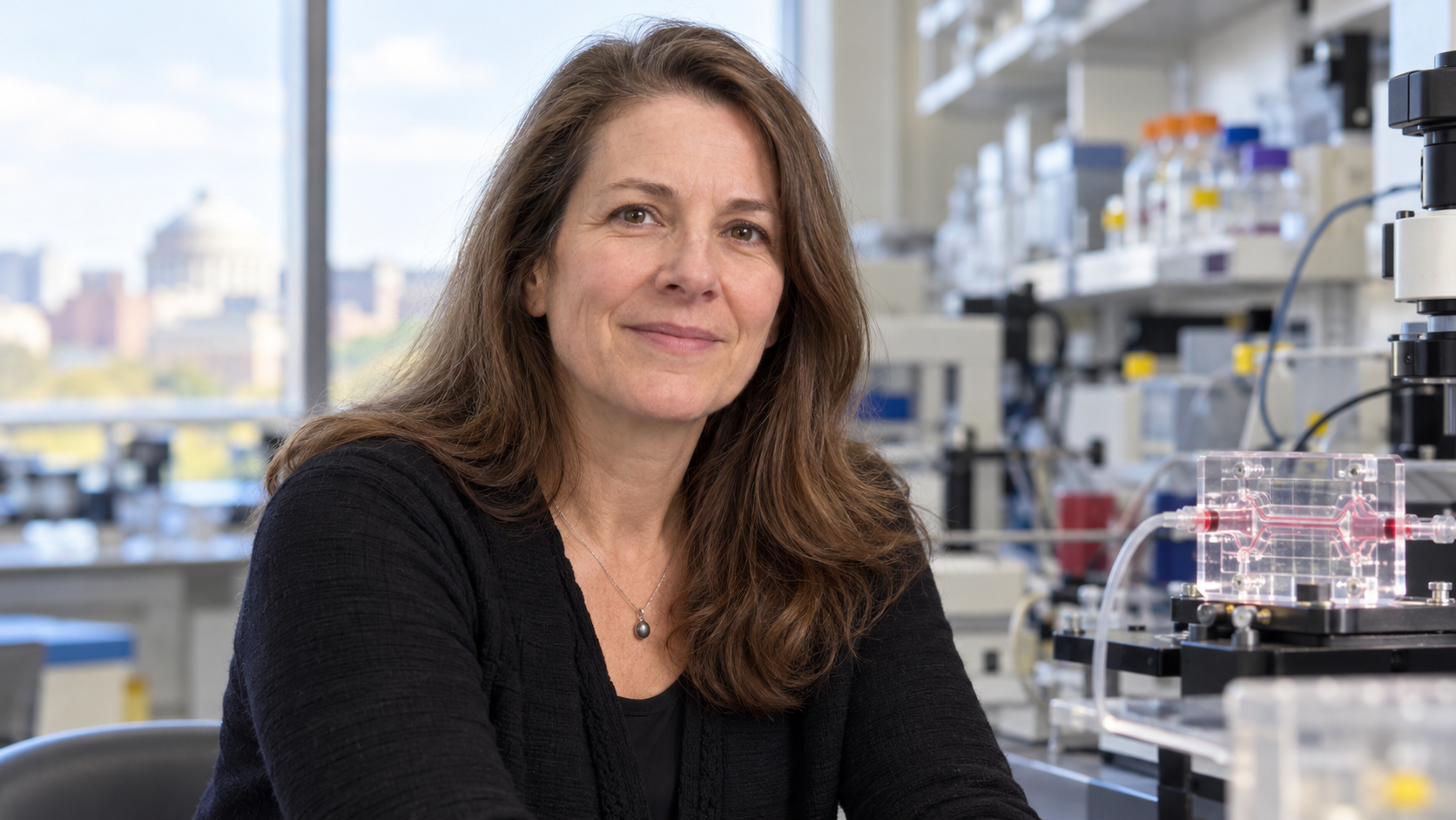 Geraldine Hamilton in a microfluidics laboratory with a transparent organ chip softly out of focus