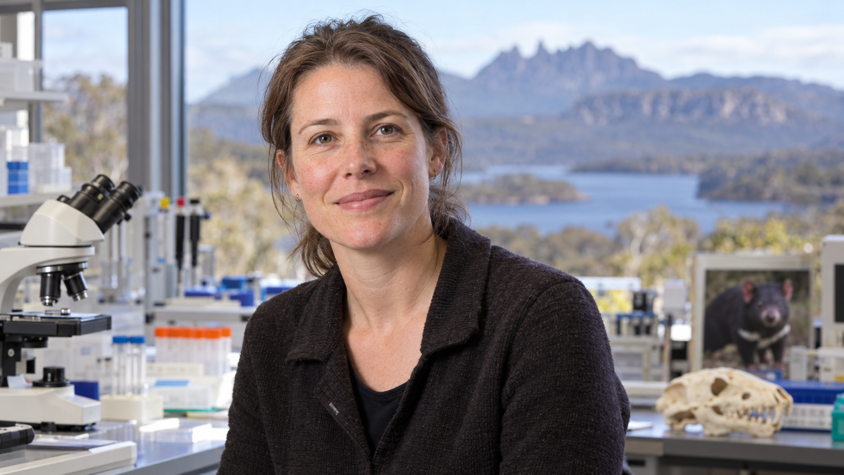 Elizabeth Murchison in a wildlife-genomics laboratory with a Tasmanian landscape softly blurred
