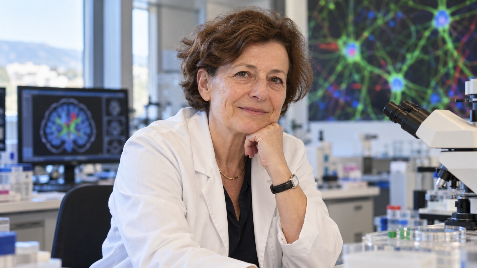 Jocelyne Bloch in a neurosurgical research laboratory with neural-cell imagery softly blurred