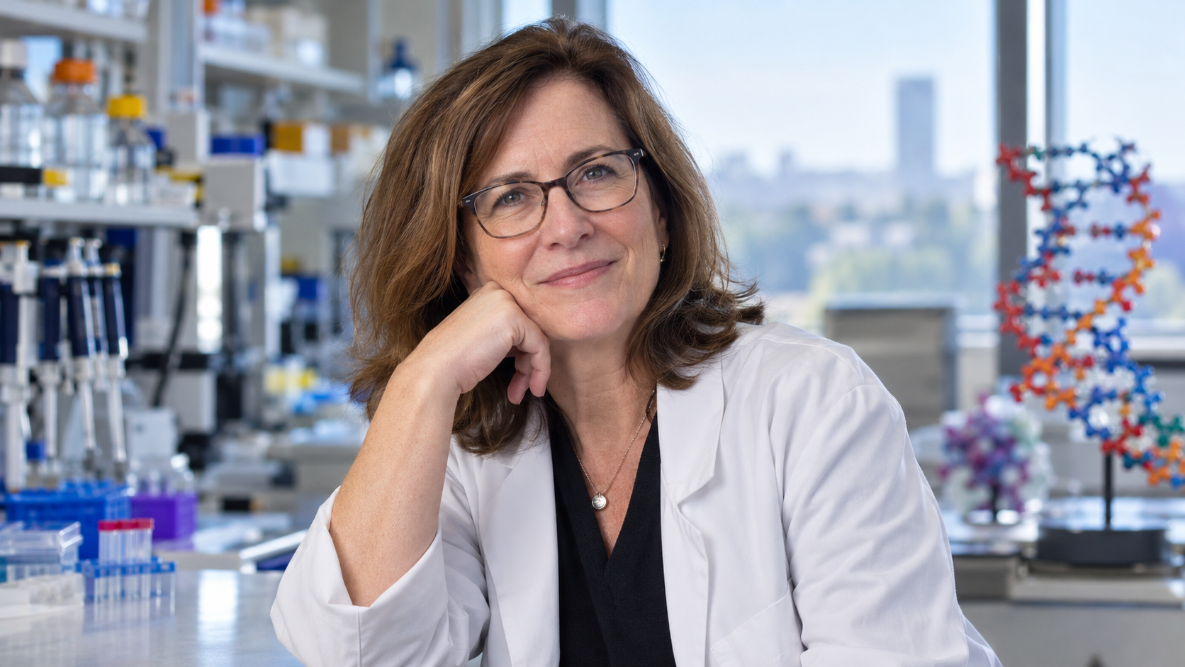Melissa J. Moore in an RNA research laboratory with molecular models softly out of focus