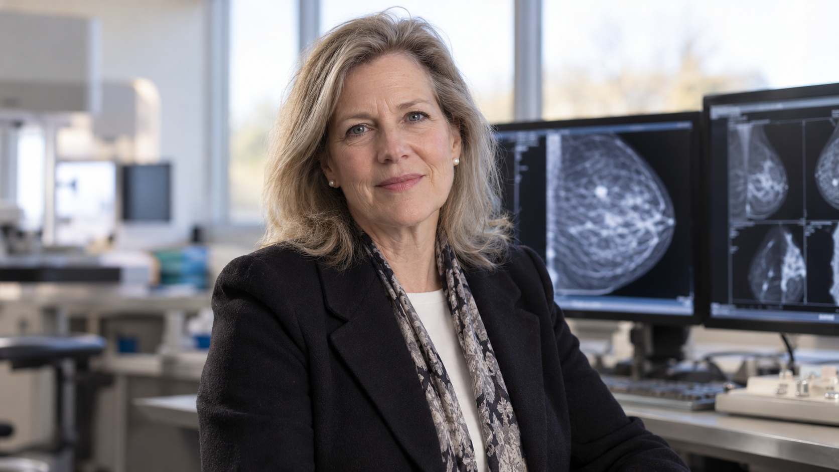 Deborah Rhodes in a breast-imaging research suite with scan displays softly blurred