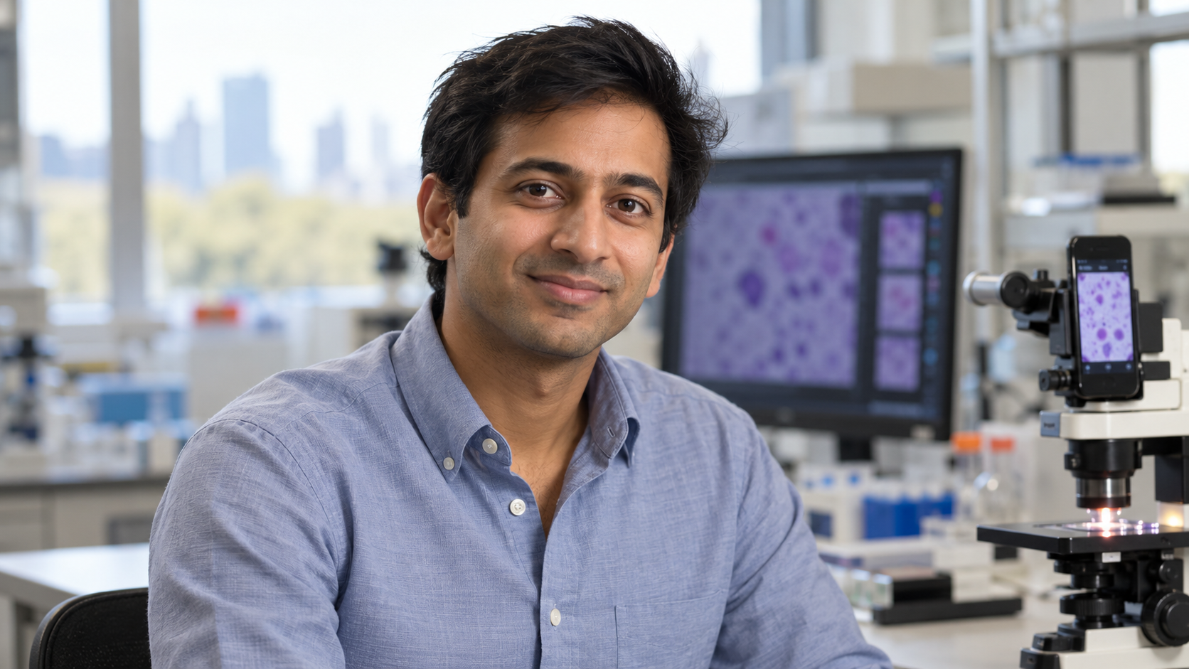 Pratik Shah in a medical imaging laboratory with smartphone microscopy softly blurred