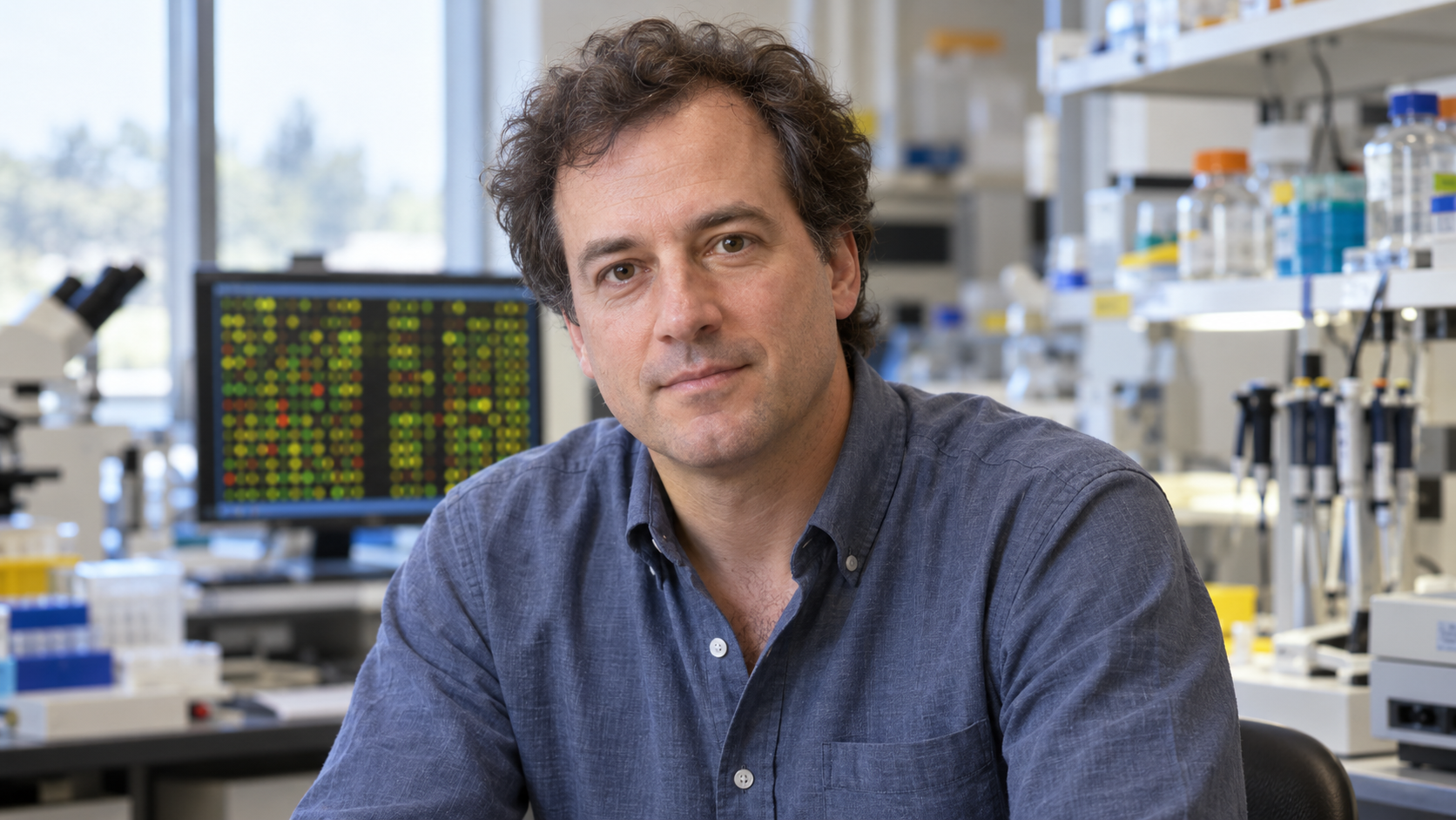 Joe DeRisi in a virus-discovery laboratory with microarray imagery softly blurred