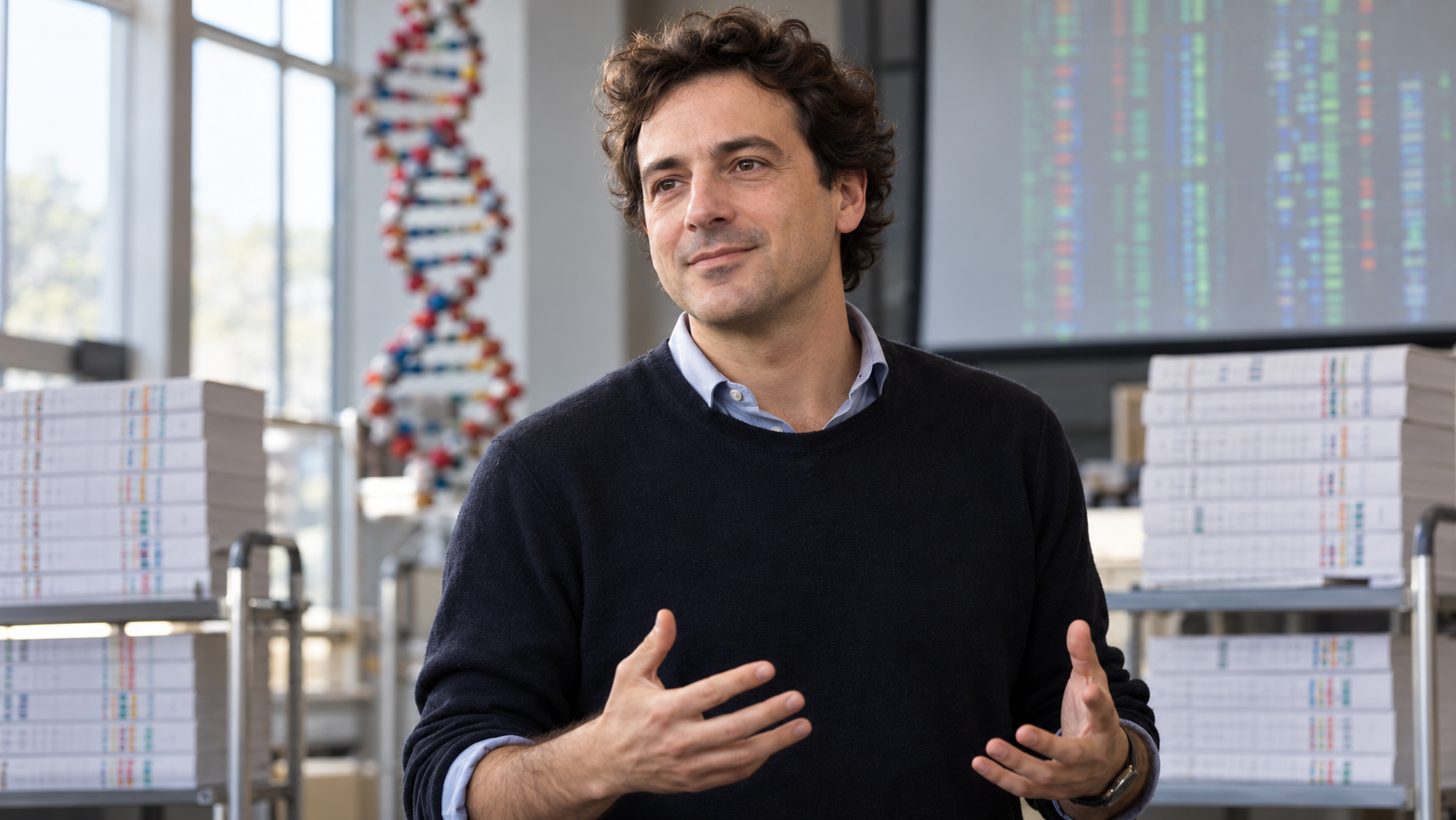 Riccardo Sabatini in a genomics lecture with carts of printed DNA volumes softly blurred