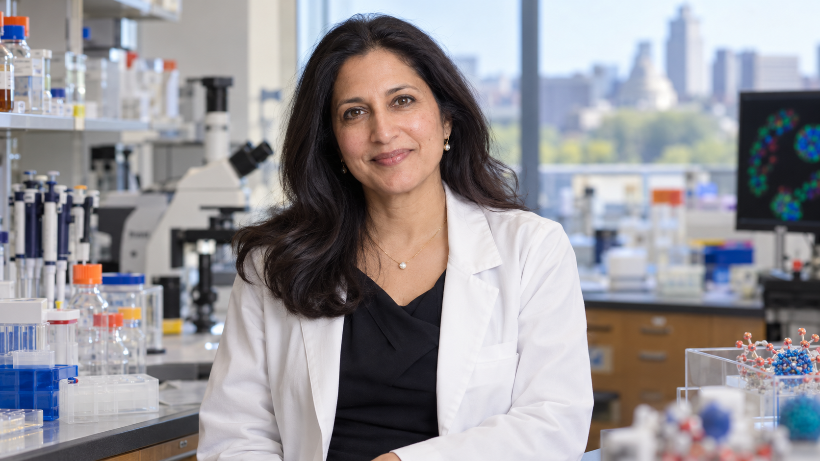 Sangeeta Bhatia in a biomedical engineering laboratory with nanoparticle models softly blurred
