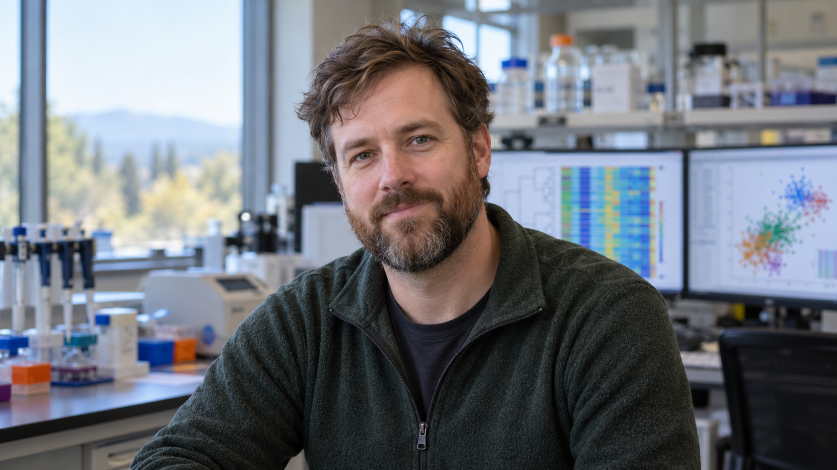 Dan Knights in a computational microbiome laboratory with sequencing plots softly blurred