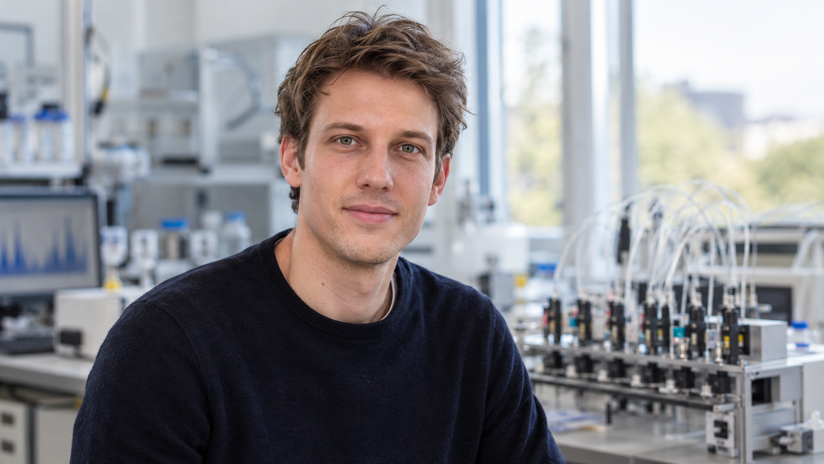 Julian Burschka in a breath-analysis laboratory with a compact sensor array softly blurred